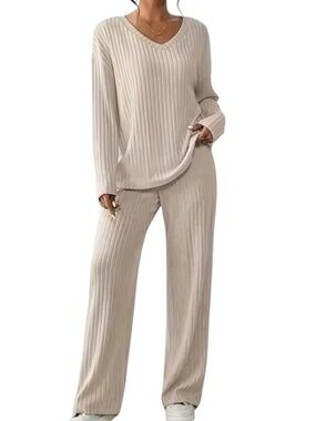 LEO ROSI | Women's Beige Long Sleeve Ribbed Knit Lounge Set Sz XL